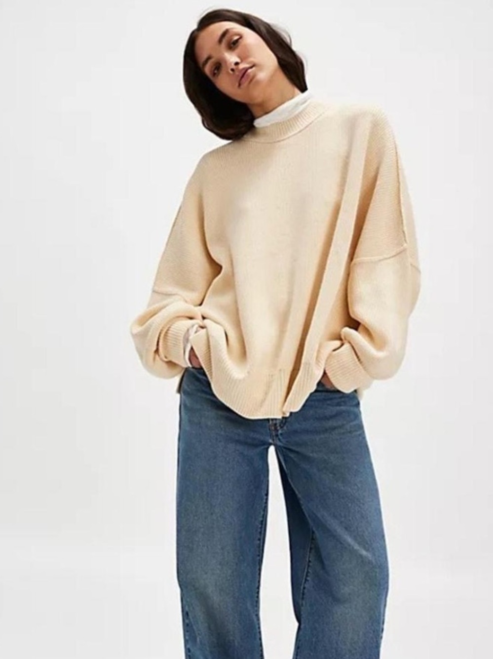 Free People Cream mock neck ribbed Knit Sweater oversized
